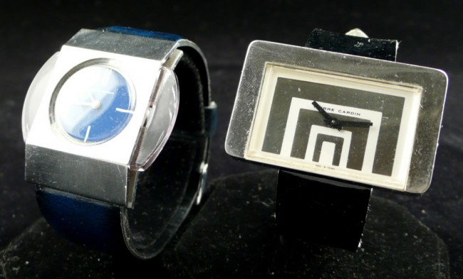 Two Pierre Cardin Wristwatches: Circa 1970, one signed Jaeger with blue dial and the other with geometric decoration to the case.