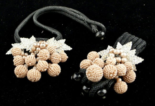 Miriam Haskell Necklace & Bracelet Suite: Early design of simulated pearl beaded fruit on black cords.
