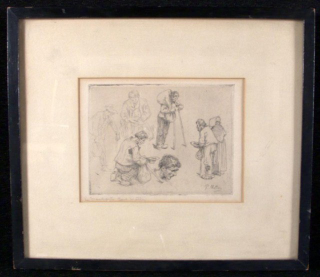 Paul Mathey (Fr. 1844-1929) Le Mendiants: Etching, signed in the plate and signed in pencil and titled l.l. 4 3/4 x 6 1/2 inches.