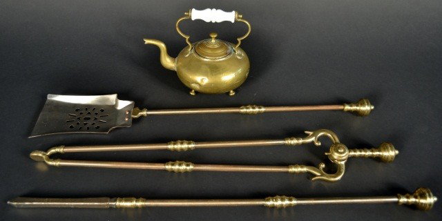 Miscellaneou Group of Brass Decorations: Comprising a teapot with enamel handle and a set of fireplace tools.