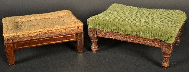 Two Upholstered Footstools: Louis XVI style, one carved fruitwood with tapered fluted legs and green upholstery, height 6 inches, width 12 inches, depth 9 3/4 inches; the other with tapered square legs and tan upholstery, height