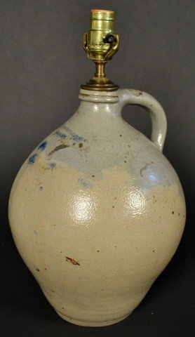 Tyler & Dillon, Albany, Stoneware Jar / Lamp: Ovoid jar with handle, now mounted as a lamp. Height 17 inches.