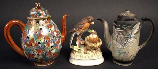 Three Asian Porcelain Table Decorations: Nippon style coffee pot, mille faces teapot and a bird figure group. Tallest height 8 inches