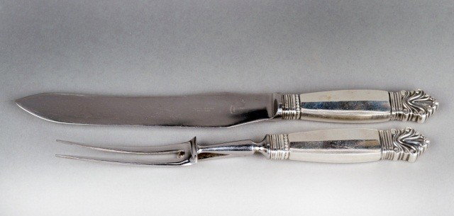 Georg Jensen Silver Handled Carving Set *: Acanthus pattern, comprising a knife and fork. Knife length 12 inches.