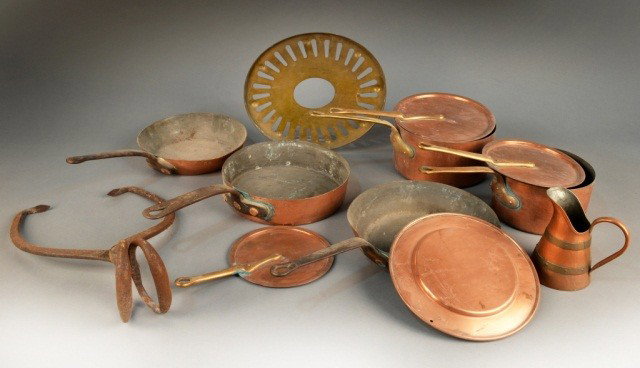 Miscellaneous Group of Copper Pots: Various sizes, with brass handles.
