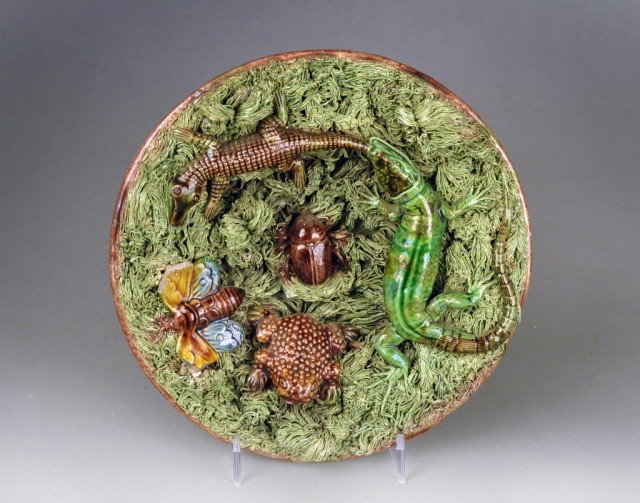 Palissyware Dish: Majolica decoration with applied raised lizard, frog, moth and beetle, marked on the back. Diameter 8 3/4 inches. Note: Removed From The Steinway Mansion