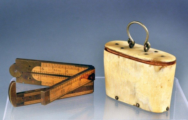 Two Victorian Objects de Vertu: One, a horn snuff box, and the other a brass mounted folding ruler.