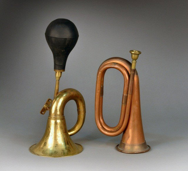 Two Horns: Including one bugle. Taller, length 14 1/2 inches. Note: Removed From The Steinway Mansion