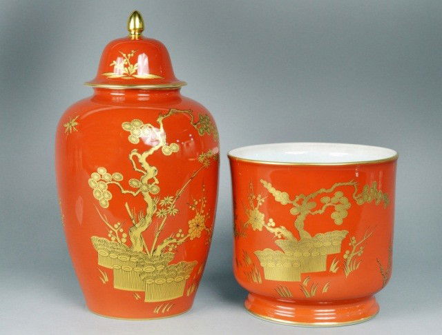 Limoges Porcelain Covered Jar and Cachepot: Seoul pattern, retailed by Bernardaud. Cachepot, height 8 3/4 inches, covered jar, height 16 inches.