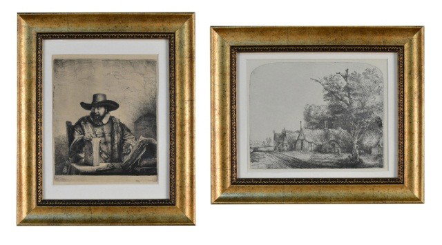 Two Rembrandt Prints: One, a man seated, surrounded by books, 7 1/2 x 6 1/4 inches; and the other, a landscape with three houses, 6 1/2 x 8 1/4 inches, both signed in the plate.