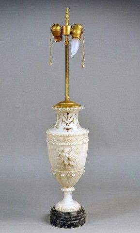 Carved & Pierced Alabaster Urn Form Lamp: Height 18 inches.