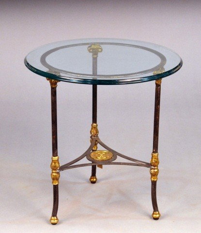 Glass Top Circular Table: Circular top on a black painted iron base with brass accents. Height 23 1/2 inches, diameter 22 inches.