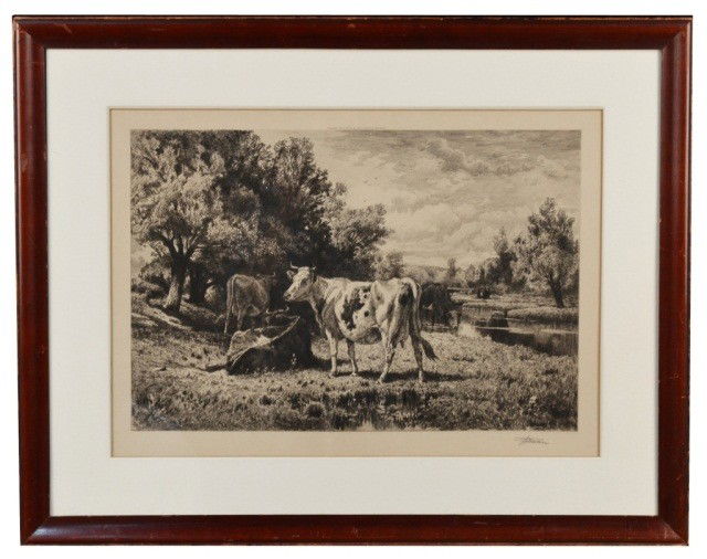 Peter Moran (Am. 1841-1914) Landscape: Cattle in a River Landscape, 1886. Etching laid on board, published by Robert McLindsay, Philadelphia. S.l.r. Sight size 14 1/2 x 21 3/4 inches.