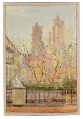 Felicia Meyer (Am 1913-1974) Turtle Bay Court: Felicia (Mrs. Reginald Marsh) Meyer, oil on canvas, signed l.l. and dated 53. 30 x 20 inches.