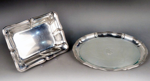 Two German Silver Table Articles: Comprising an oval tray with glass liner and a rectangular dish, both marked 800. Total approximately 27 ounces.