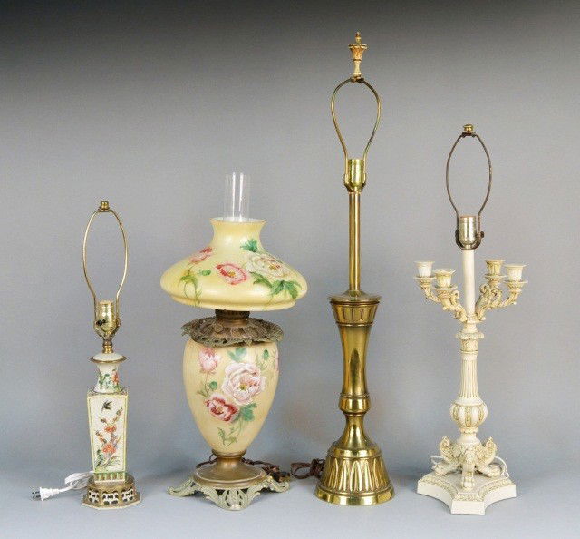 Four Assorted Table Lamps: One a Gone With the Wind style lamp, one a candelabra lamp, one an Asian vase form lamp and one a brass columnar lamp. Tallest 27 1/2 inches.