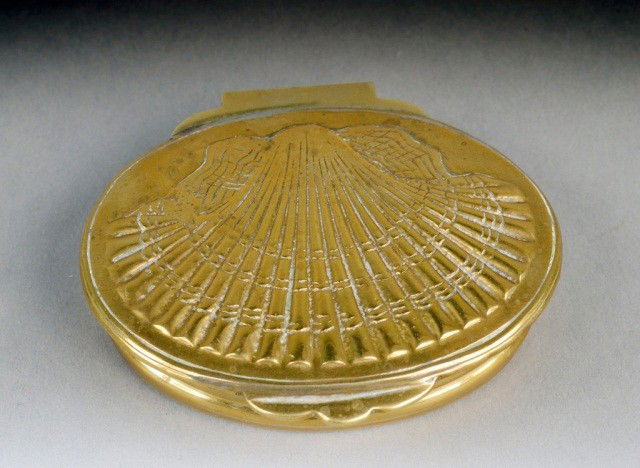 Brass Snuff Box: Shell form hinged box. Height 3/4 inch, width 3 1/4 inches, depth 2 3/4 inches.