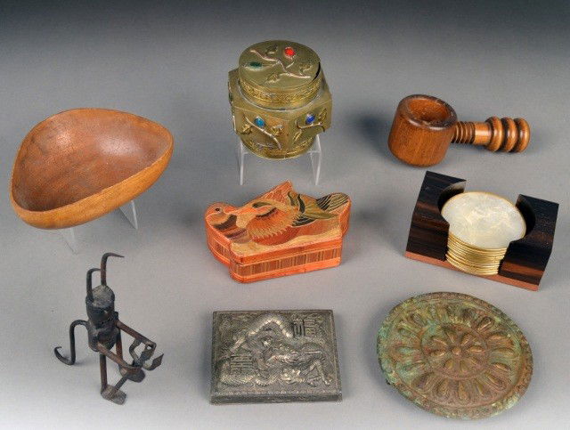 Miscellaneous Group of Eight Decorations: Comprising a set of shell coasters, two boxes, carved wood bowl, metal figure, etc. Brass box height 3 1/2 inches.