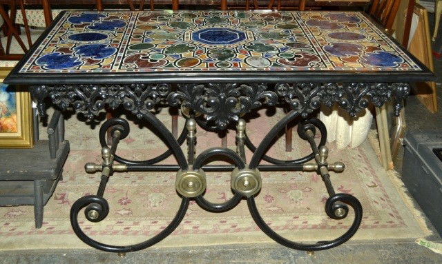 Mosaic Top Iron Pastry Table: Italian marble top with mineral specimen cartouches and geometric designs. Height 31 inches, width 52 inches, depth 30 inches.