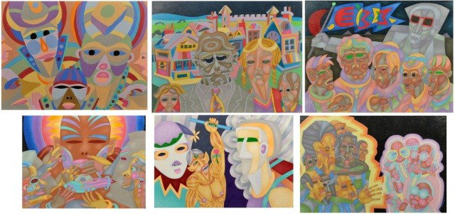 Alan Fliesler (Am. 1931-2010) Six Works of Art: Comprising (1) HERE COME THE CLOWNS, signed l.r. and dated 8-05; (2) OUR HOME TOWN, signed l.l. and dated 4-04; (3) CRUSADE, signed l.l and dated 11-02; (4) IN THE PRSENCE OF GOD, signed l.r. and date