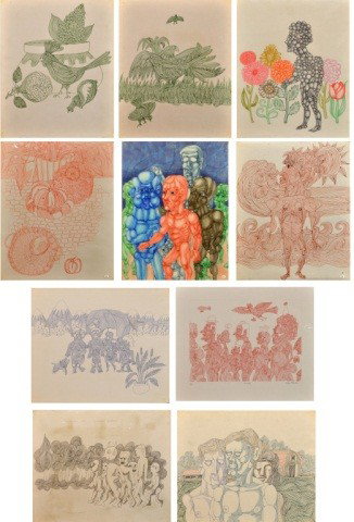 Alan Fliesler (Am. 1931-2010) Group of Ten Works: Including: (1) The Wind and the Waves, 17 x 14 inches; (2) Colorful Group, 17 x 13 inches; (3) Melons And, 17 x 14 inches; (4) Bonded, 14 x 17 inches; (5) Parade, 14 x 17 inches, (6) Elephant Country,