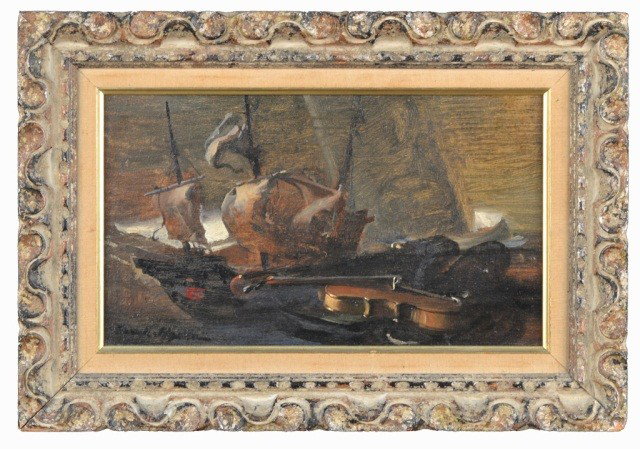 Frank Mason (Am. b. 1921) Still Life: Depicting a violin and a model ship, oil on canvas, signed l.l. 8 1/4 x 14 1/4 inches.