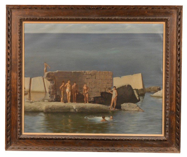 Alvin Ross (Am. 1920-1975) Landscape with Figures: 20th Century oil on canvas, signed l.r. Alvin Ross. 27 1/4 x 34 inches. Provenance: Banfer Gallery, NY Exhibited: New York National Academy of Design, 144th Annual Exhibition, 1969 Ex. Collection of B