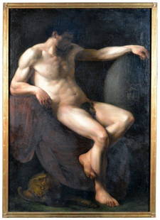 Jean Germain Drouais (Fr. 1763-1788) Male Nude *: An académie: a male nude as Mars, oil on canvas, 72 x 50 inches. Sold at Christie's New York, January 12, 1996 as Lot 00418 in the Important Old Master Paintings Sale, Pt. II