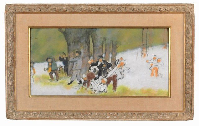 Max Karp (Am. 20th c) Children at Play in Winter: Enamel on copper depicting children at play under a tree in winter, monogrammed l.r. 24 x 12 inches.