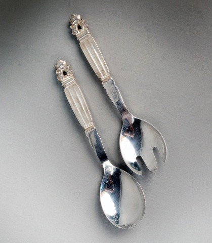 Georg Jensen Silver Handled Salad Set: Acorn pattern.