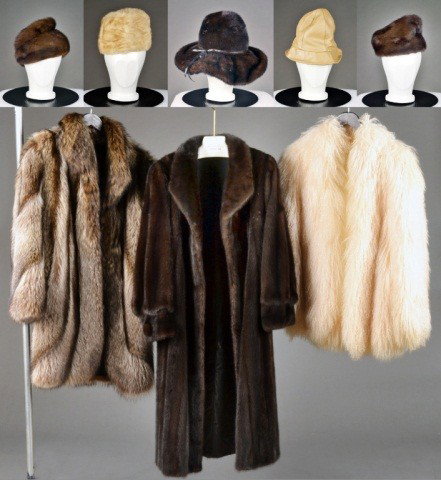 Three Lady's Fur Coats: Mink, fox and white sheep coats. Together with four fur hats.