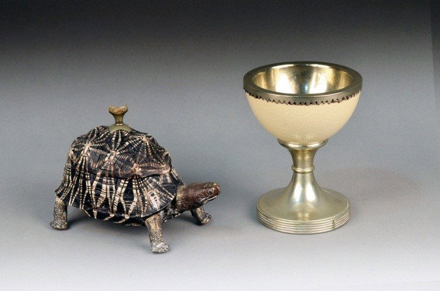 Ostrich Egg Cup and Turtle Box: Ostrich egg height 6 12 inches.