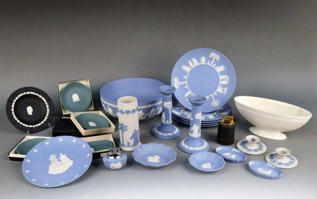 Miscellaneous Group of Wedgwood Jasperware: Including blue jasperware, comprising a center bowl, five plates with classical decoration, a Boston Tea Party plate, a pair of candlesticks, two scalloped rim dishes, two lozenge form dishes, also a