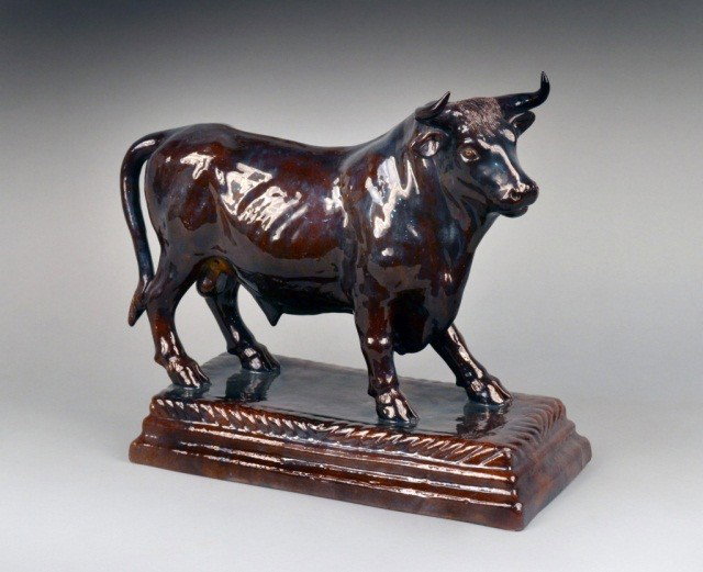 Glazed Terracotta Bull: Stamped Il Mafaa, Caldao, Portugal. Height 14 inches.