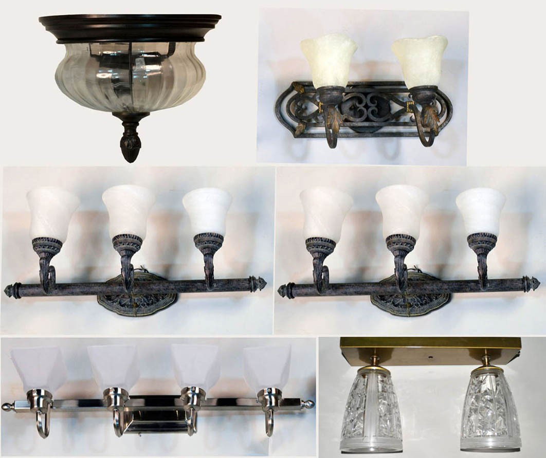 Six Patinated Metal Wall and Ceiling Lights: Comprising a pair with three lights with white frosted glass shades, a two light, a brass two light ceiling fixture with cut glass shades, a four light with three shades and a ceiling light. Length of