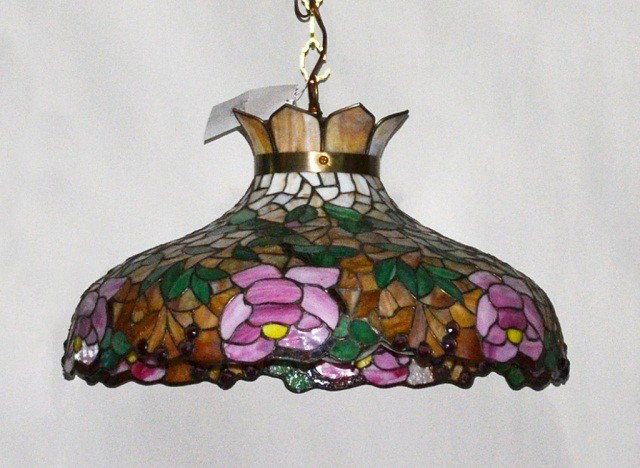 Leaded Glass Hanging Light: Tiffany style hanging shade with pink floral decoration. Height 14 inches, diameter 26 inches.