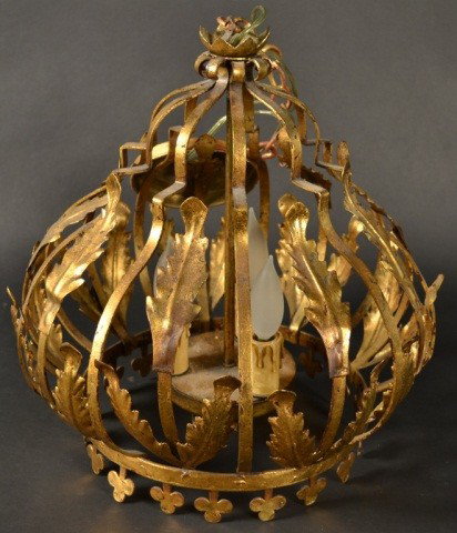 Crown Shaped Three Light Ceiling Fixture: Gold painted metal hanging light. Height 17 inches, diameter 15 inches.