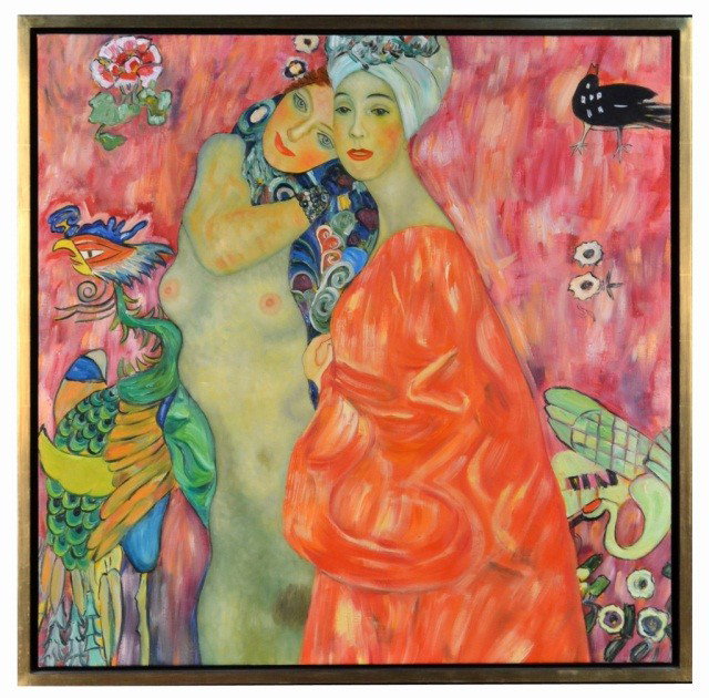 European School Nude Woman with Woman in Red: In the style of Gustave Klimt, oil on canvas. 31 1/2 x 31 1/2 inches.
