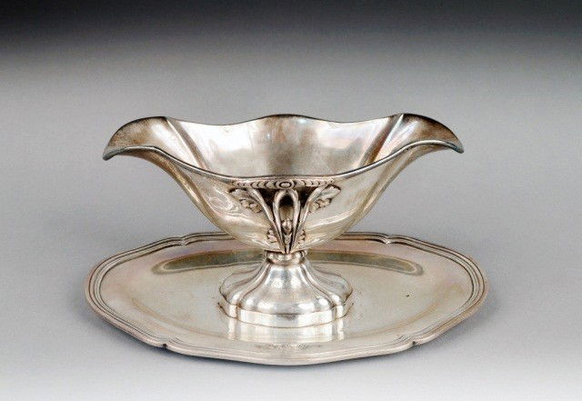 Christofle Silver Plated Sauce Boat: Acanthus leaf decoration, with undertray. Height 5 inches, width 10 1/2 inches, depth 7 inches.
