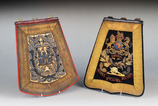 Two Scottish Costume Purses: Each with an embroidered coat of arms. 13 x 11 inches.