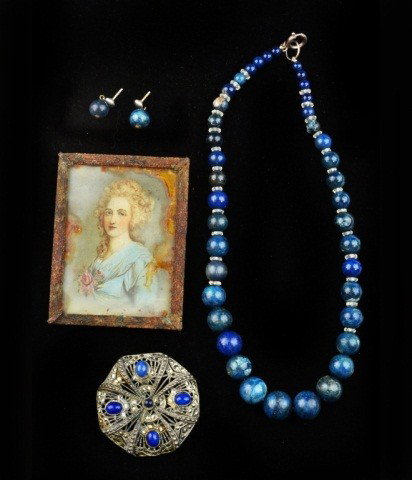 Miscellaneous Group of Jewelry: Comprising a graduated bead necklace, a pair of matching earrings and a marcasite brooch; together with a portrait miniature.