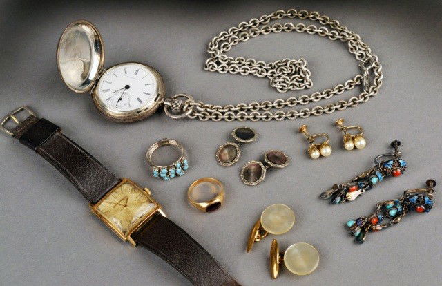 Miscellaneous Group of Jewelry: Comprising a Longines silver pocket watch, a Girard Perrregaux wristwatch, two pairs of cufflinks, two pairs of ear clips and two rings.