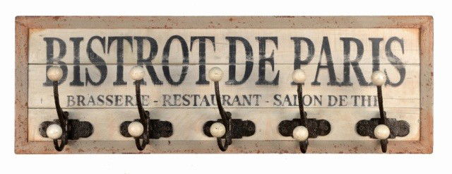 French Bistro Coat Rack: Rectangular painted sign, with "Bistrot de Paris" and five coat hooks. Height 11 inches, width 33 inches.