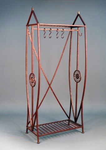 Metal Hall Stand: Red painted metal stand with upper and lower shelves and coat hooks. Height 6 feet 2 inches, width 34 inches, depth 20 inches.