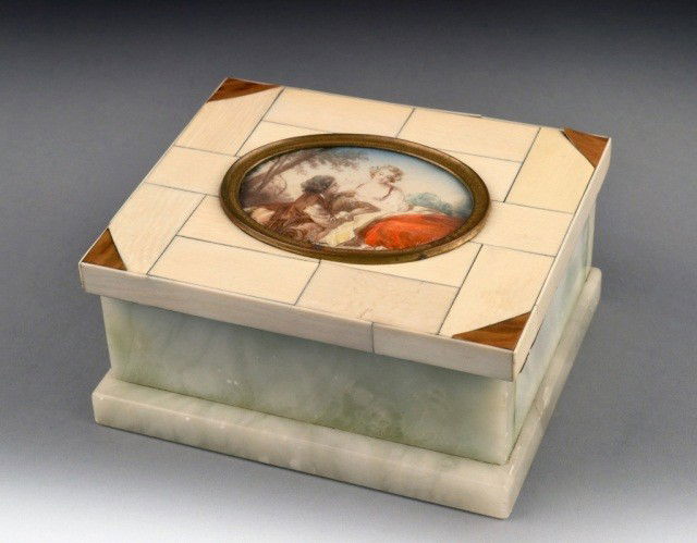 Onyx and Tiled Ivory Box: Green onyx box with tiled ivory and turtle shell lid, and inset painted ivory miniature decoration. Height 2 3/4 inches, width 6 inches, depth 5 inches.