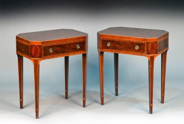 Pair of Schmieg & Kotzian Mahogany Nightstands: Each having a rectangular top with cut corners, above a single drawer, square tapered legs. Height 28 inches, width 24 inches, depth 15 1/2 inches.