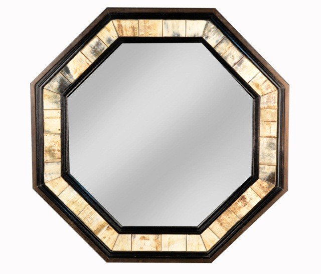 African Octagonal Bone Mirror: Ebonized wood frame highlighted with carved bone border. Height 29 inches, width 29 inches.