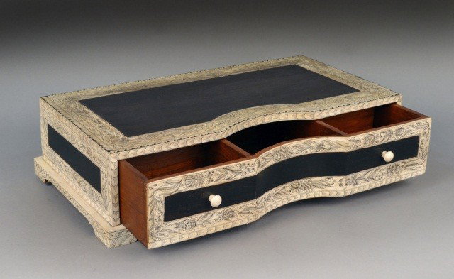 Anglo-Indian Export Colonial Single Drawer Chest: Overlaid ebonized wood and bone, with single drawer divided in three sections. Height 5 3/4 inches, width 23 1/8 inches, depth 13 inches.
