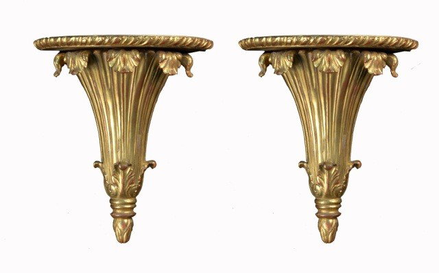 Pair of Water Gilt Brackets: Neoclassical style with acanthus leaf decoration, height 15 inches.