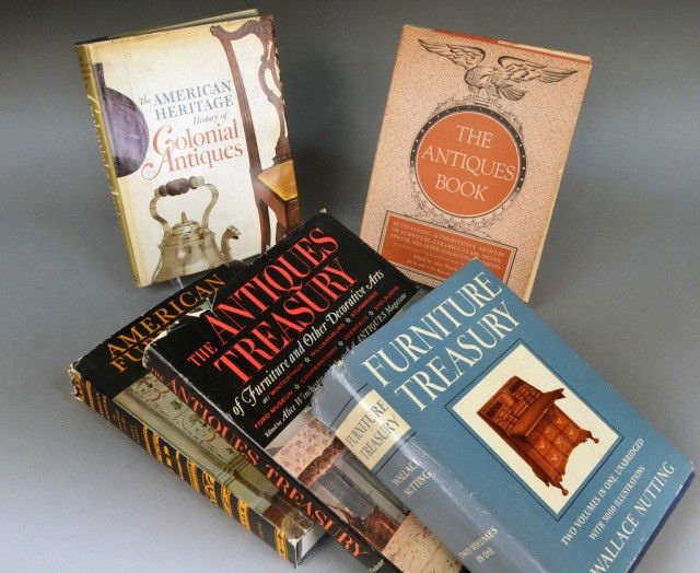 Assorted Group of Five Furniture Books: (1) Furniture Treasury, by Wallace Nutting, 1961; (2) The Antiques Book, edited by Alice Wincheste, 1950; (3) History of Colonial Antiques, American Heritage Publishing Co., 1967; (4) The Antiques Tre
